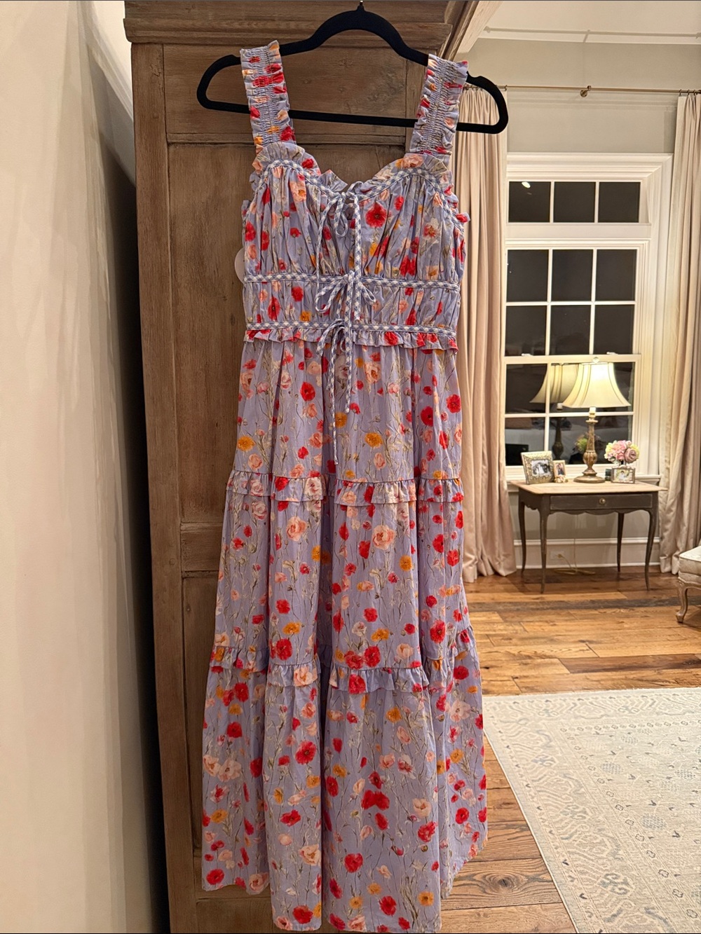 entro Lavender Floral Tiered Midi Dress with Red & Peach Blooms